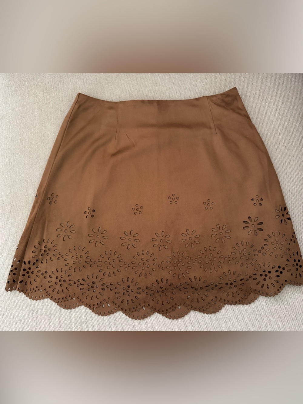 Sans Souci Faux Suede Brown Laser-Cut Mini Skirt